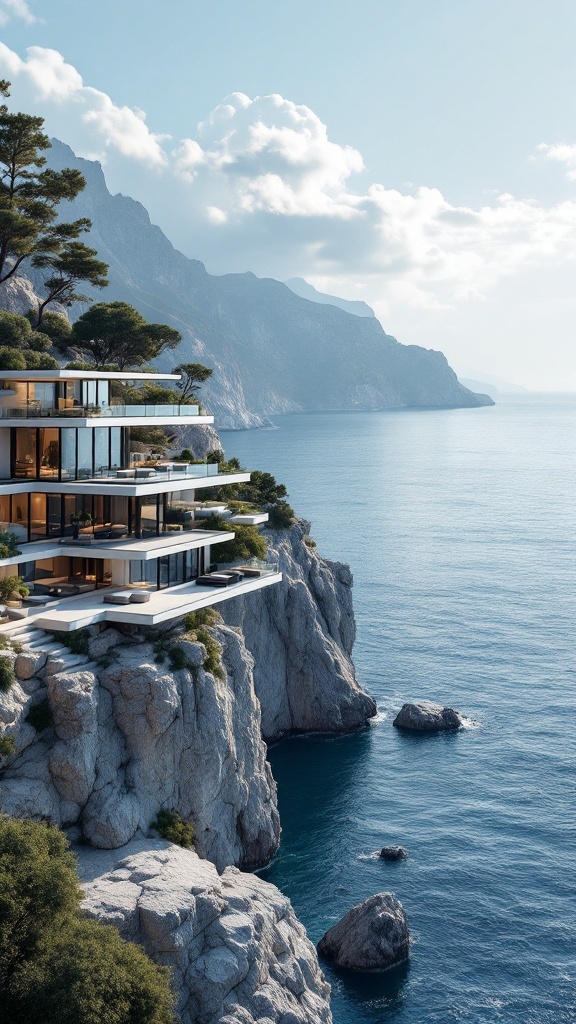 A luxurious modern residence perched on a cliff overlooking the ocean with lush greenery.