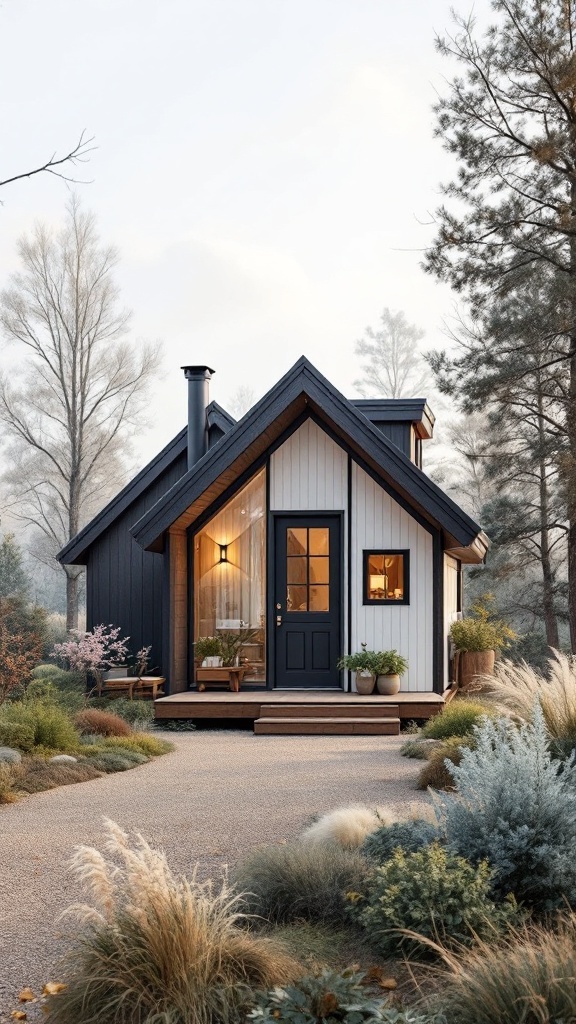 A stylish tiny house with a mix of black and white siding, surrounded by greenery.