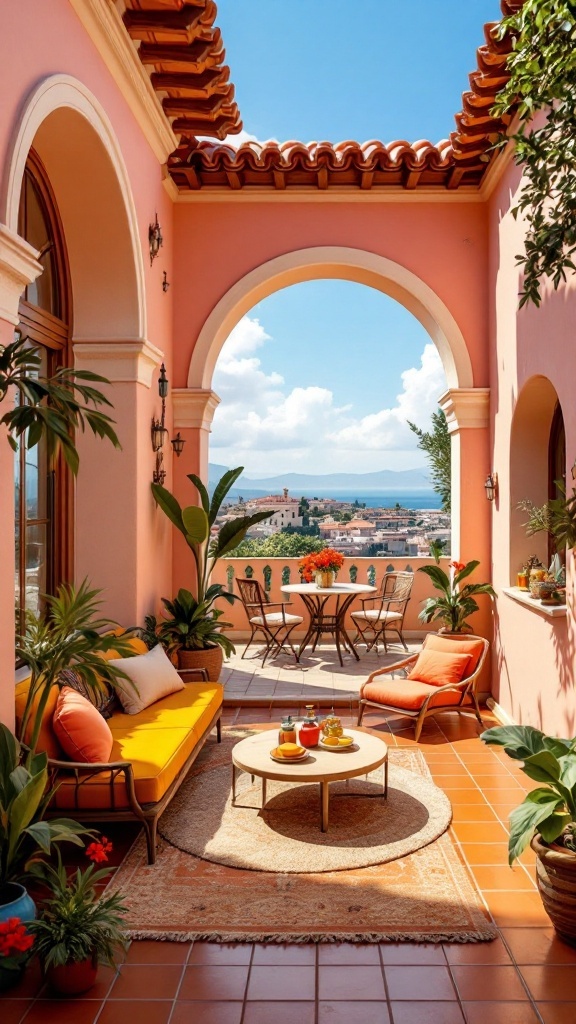 A luxurious Mediterranean-style penthouse terrace with colorful seating, plants, and a view of the landscape.