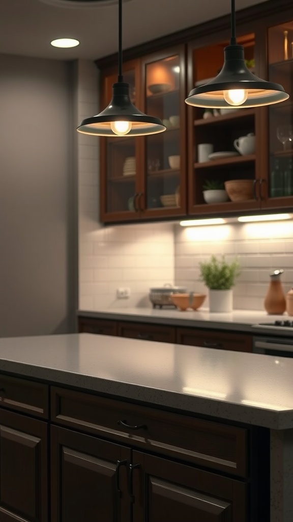 Kitchen countertop with layered lighting, showcasing pendant lights and under-cabinet lights.