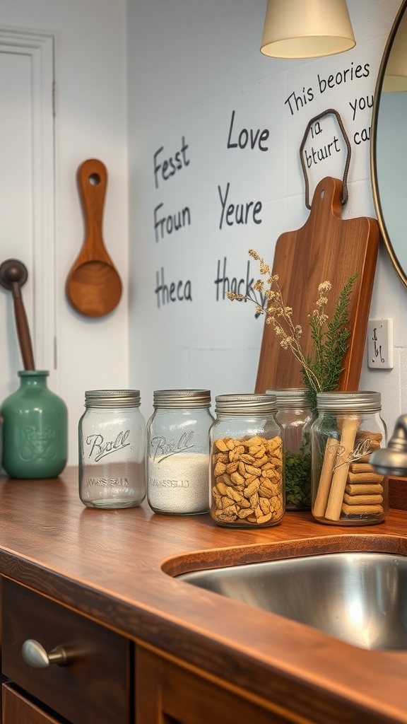 A cozy wet room with mason jars storing bath essentials on a wooden countertop.