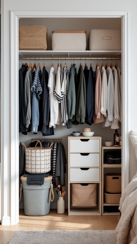 A well-organized closet with clothes hanging neatly, storage bins on top shelves, and a drawer unit for additional storage.