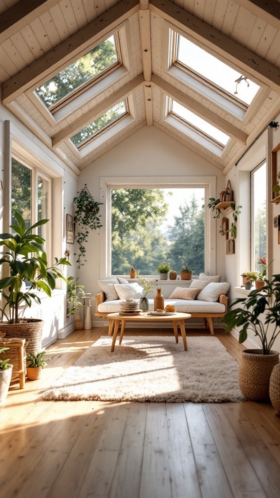 Bright and airy living space with large windows and skylights, showcasing natural light and cozy decor.