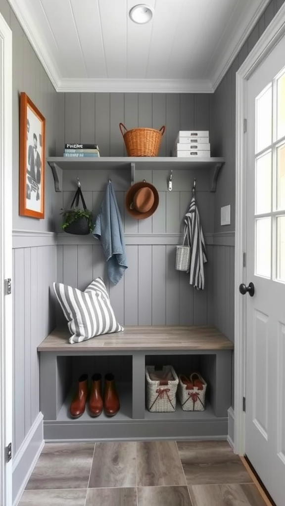 A small, stylish mudroom with gray walls, shelves, and a bench for seating and storage.