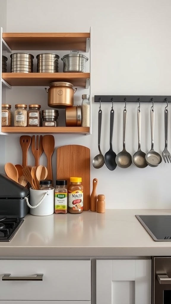 A kitchen countertop with vertical storage showcasing jars, utensils, and pots on shelves and hooks.