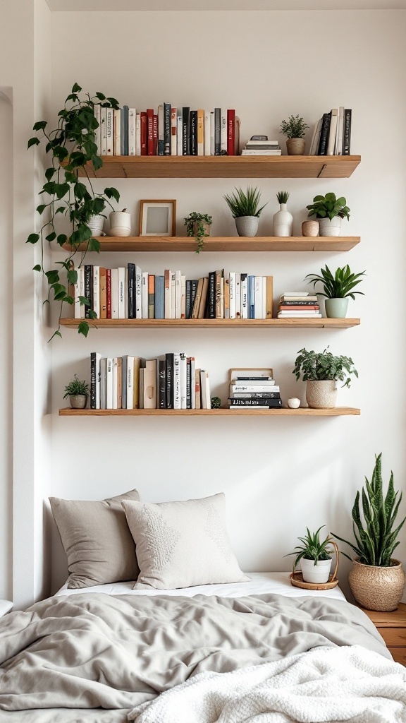 A cozy bedroom featuring wooden shelves filled with books and plants above a bed.