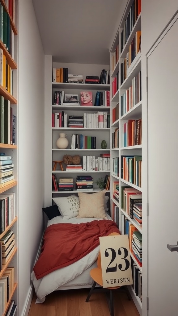 A narrow bedroom with a bed and tall bookshelves on both sides, showcasing various books and decorative items.