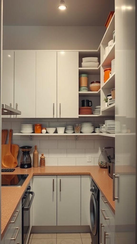 A small kitchen with clever vertical storage solutions, including shelves and cabinets.