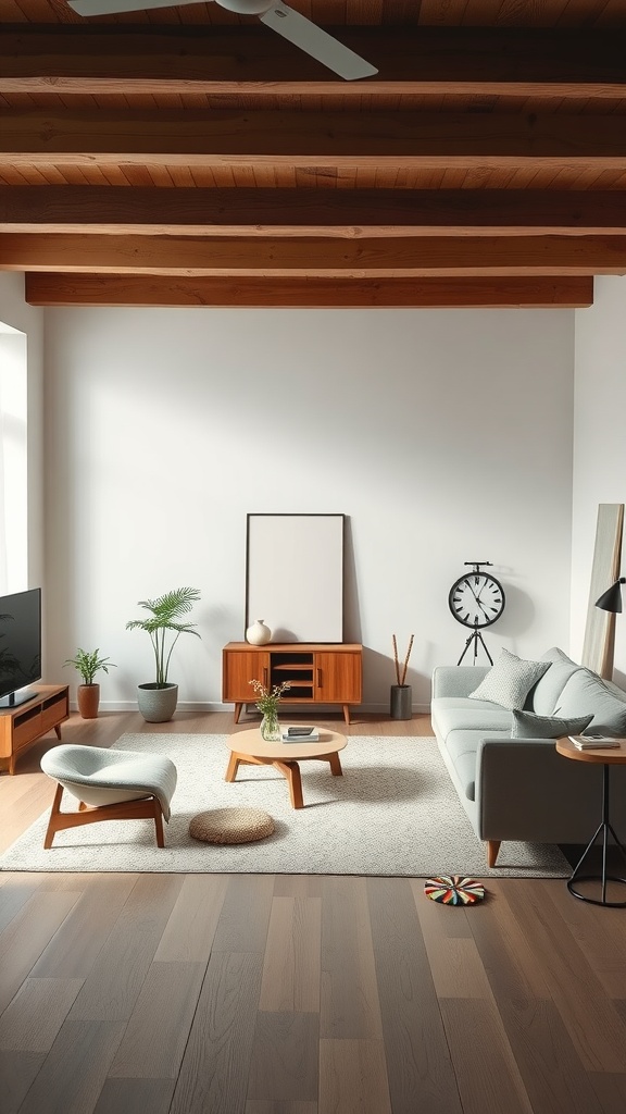 A minimalist living room featuring wooden beams, a cozy sofa, and natural elements.