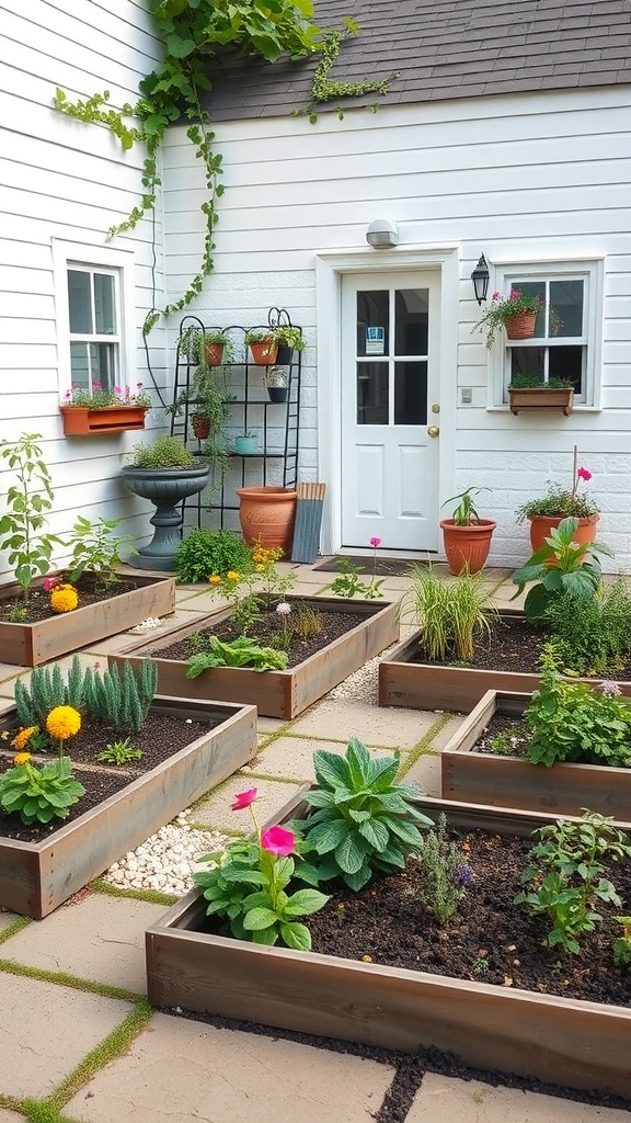 A sunny patio with several raised garden beds filled with colorful flowers and plants.