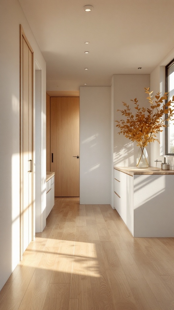 Interior of a minimalist tiny house with natural light and wood accents