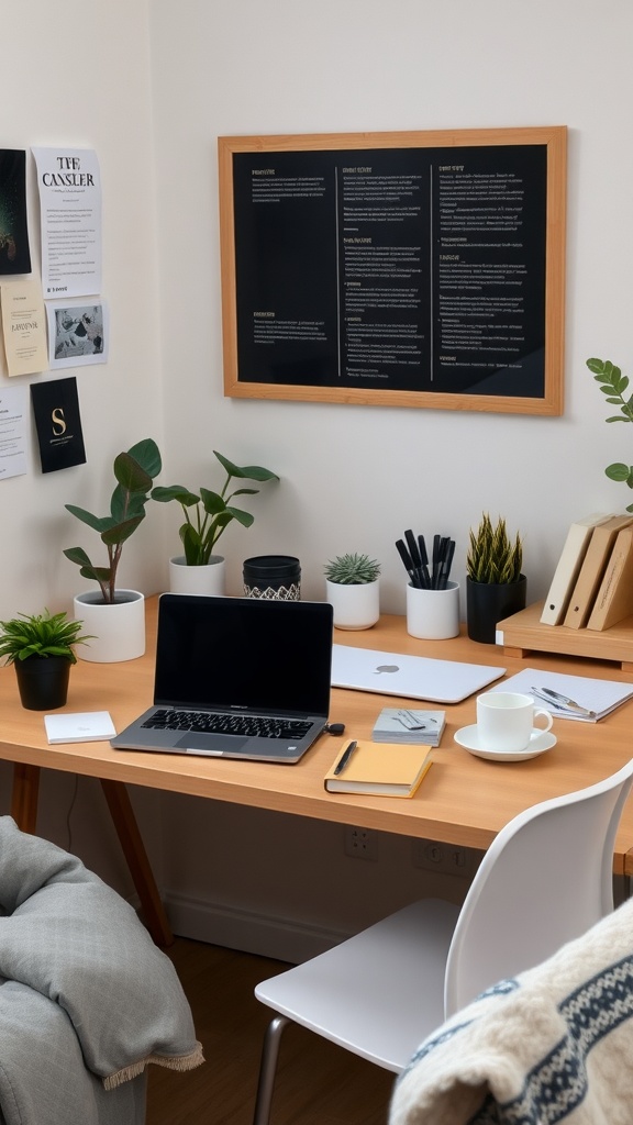 A minimalist desk setup with a laptop, a notebook, plants, and a cozy chair