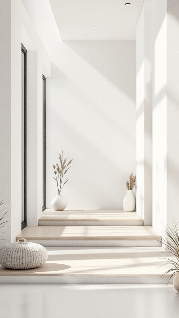 A minimalist interior with light-colored walls, wooden steps, and decorative plants.