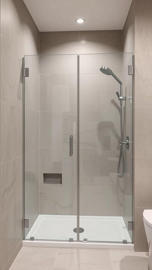 Modern minimalist shower enclosure with glass panels in a small bathroom