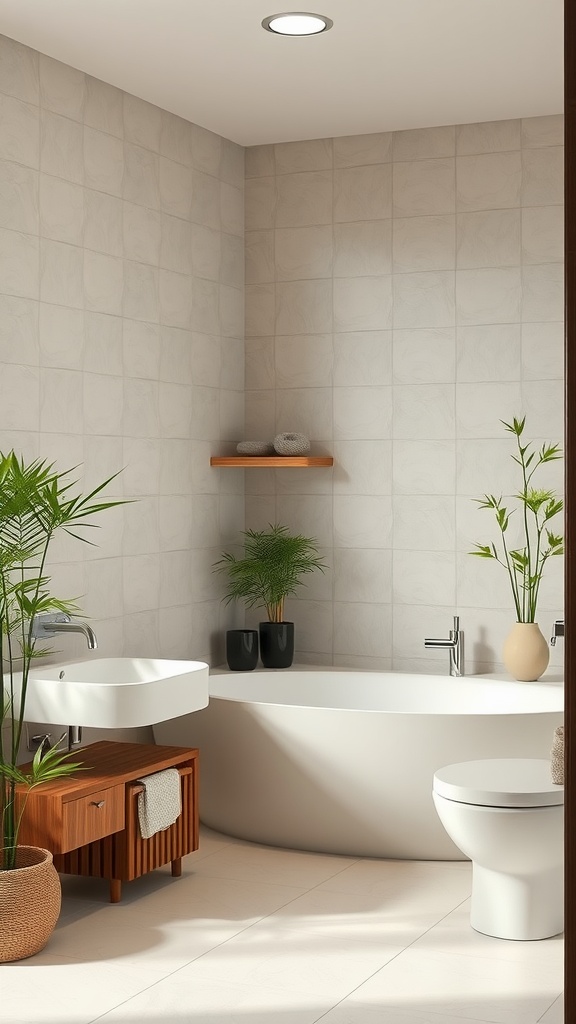 A minimalist bathroom featuring soft colors, natural plants, and simple decor.