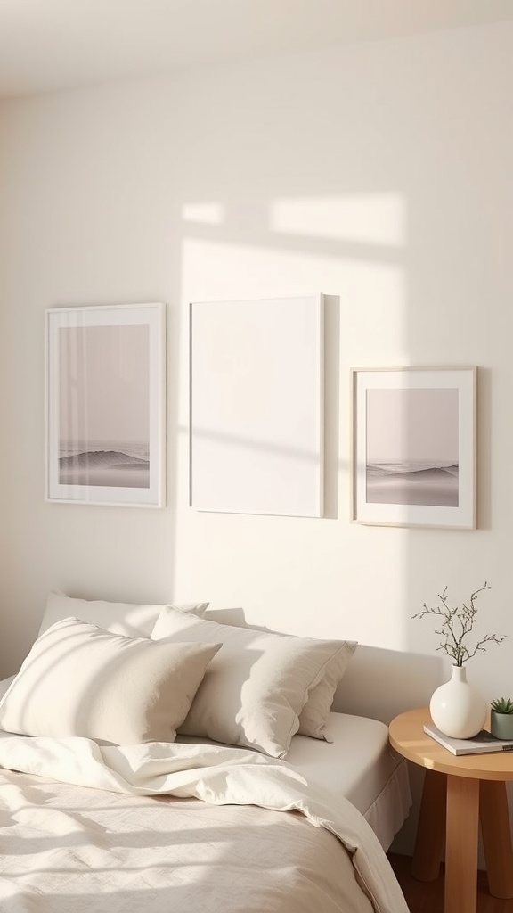 A cozy bedroom featuring minimalistic wall art in soft, neutral tones.