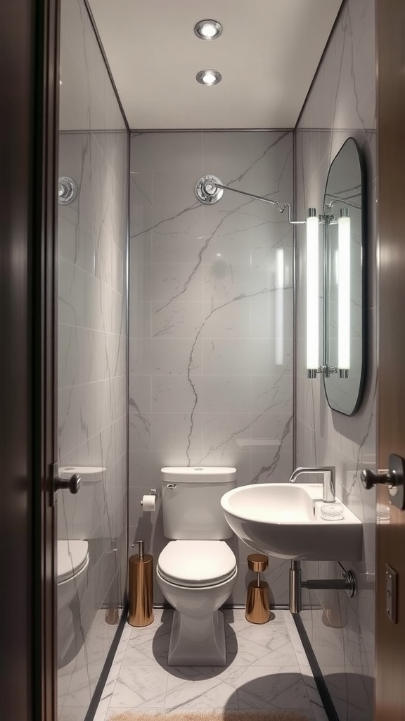 A small bathroom featuring reflective surfaces and modern fixtures.