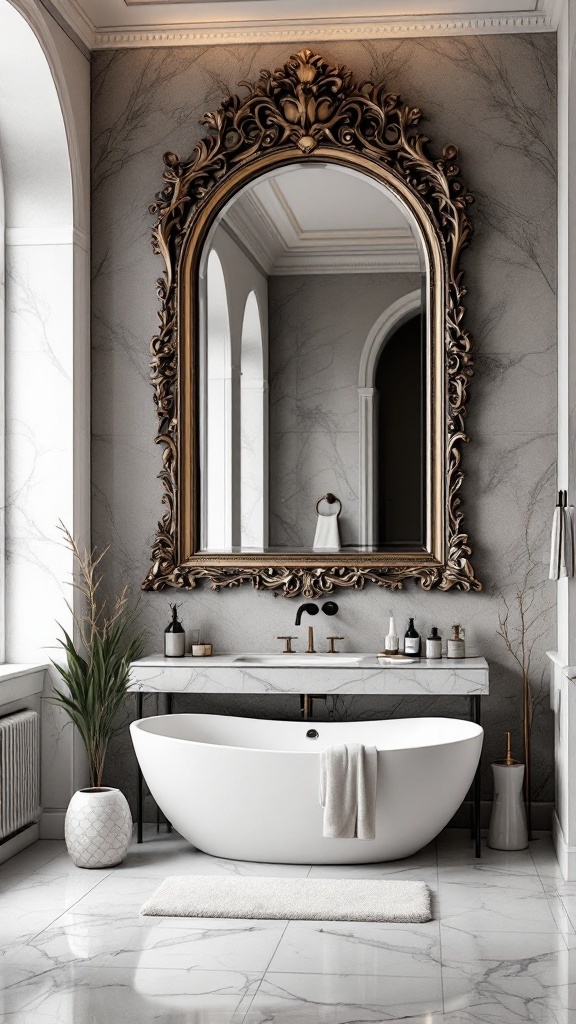 Elegant bathroom with a large ornate mirror above a sleek bathtub.