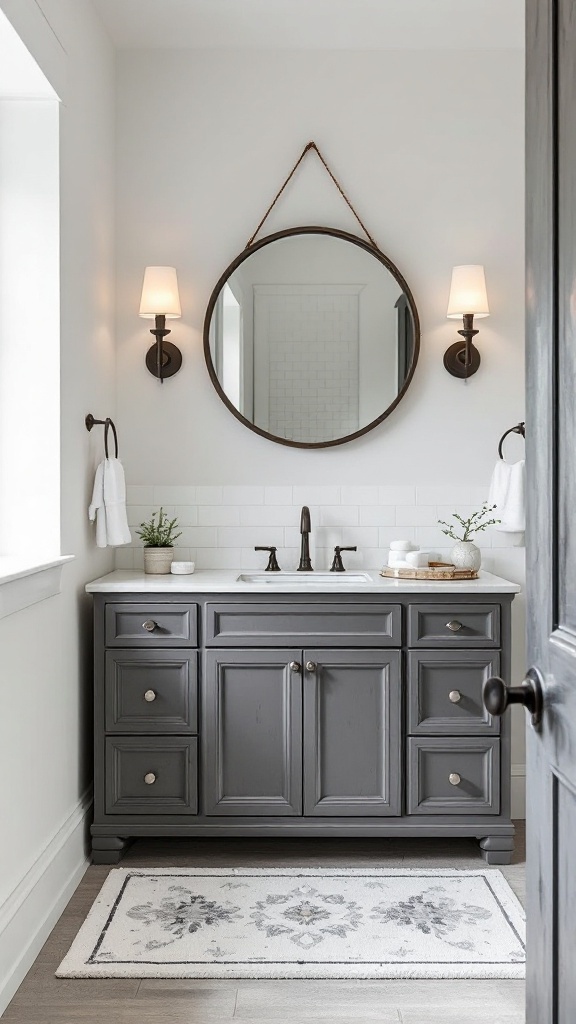 A chic farmhouse bathroom featuring a modern gray vanity, vintage mirror, and warm lighting.