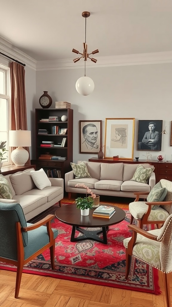 A stylish living room featuring a mix of modern and vintage furniture, with a vibrant rug and art on the walls.