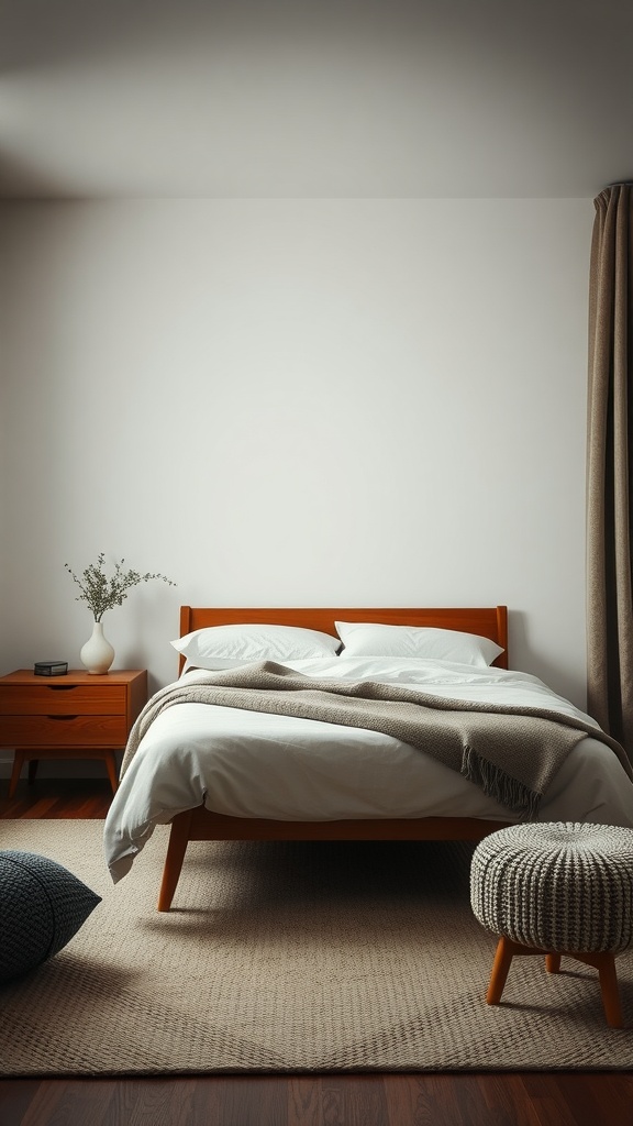 A mid-century bedroom featuring a wooden bed, layered blankets, and textured rugs.