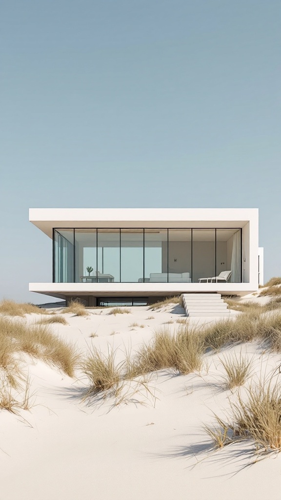 A modern minimalist beach house with large glass windows and a sandy landscape.