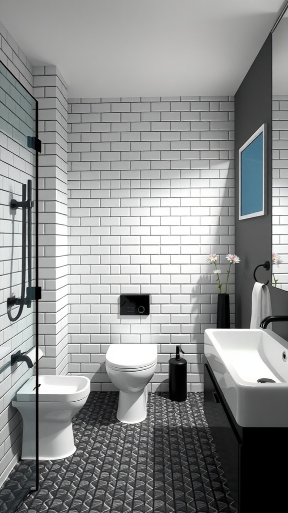 Modern monochrome bathroom featuring white subway tiles, black accents, and a minimalist design.