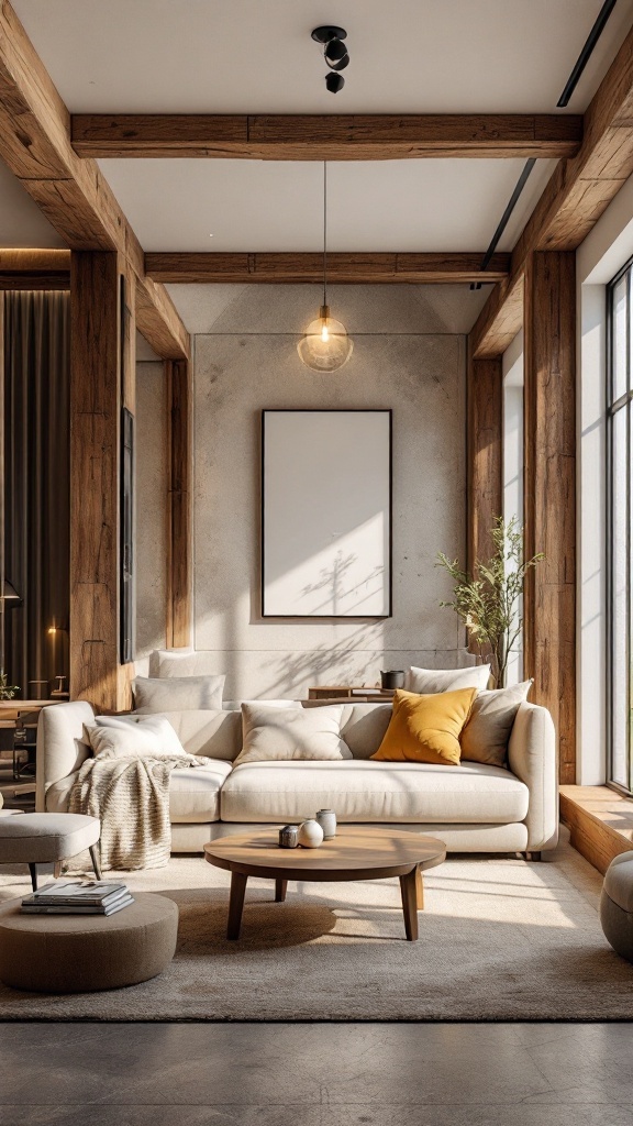 A modern rustic living room with a light-colored sofa, wooden beams, and natural light.