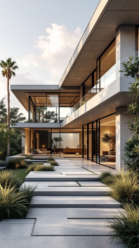 A modernist Spanish house featuring large glass windows, sleek architecture, and a beautifully landscaped entrance.