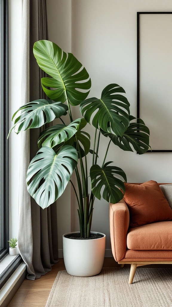 A vibrant Monstera Deliciosa plant with large, split leaves in a modern living room.