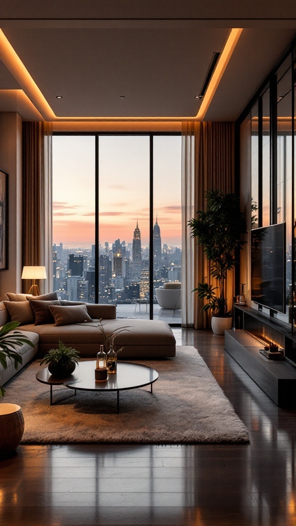 Cozy penthouse living room with mood lighting and city view