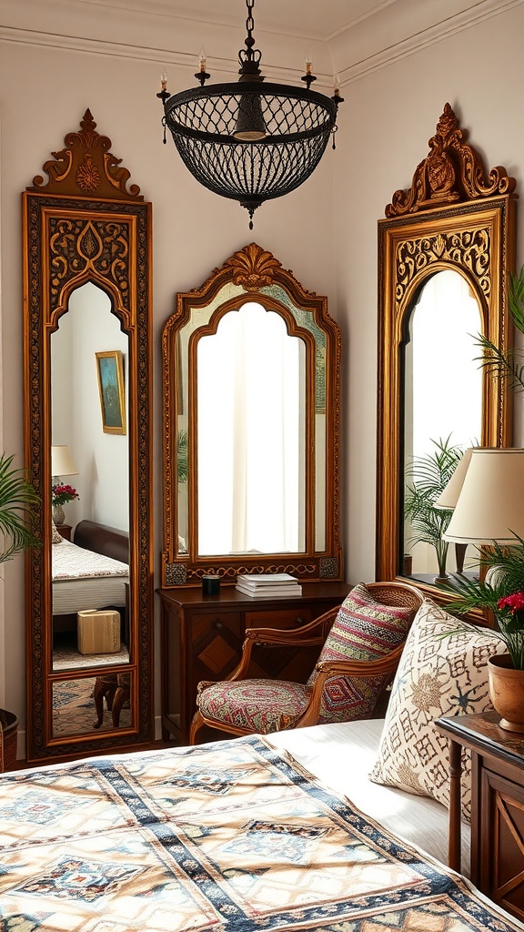 A cozy bedroom featuring Moroccan-inspired mirrors with intricate designs.