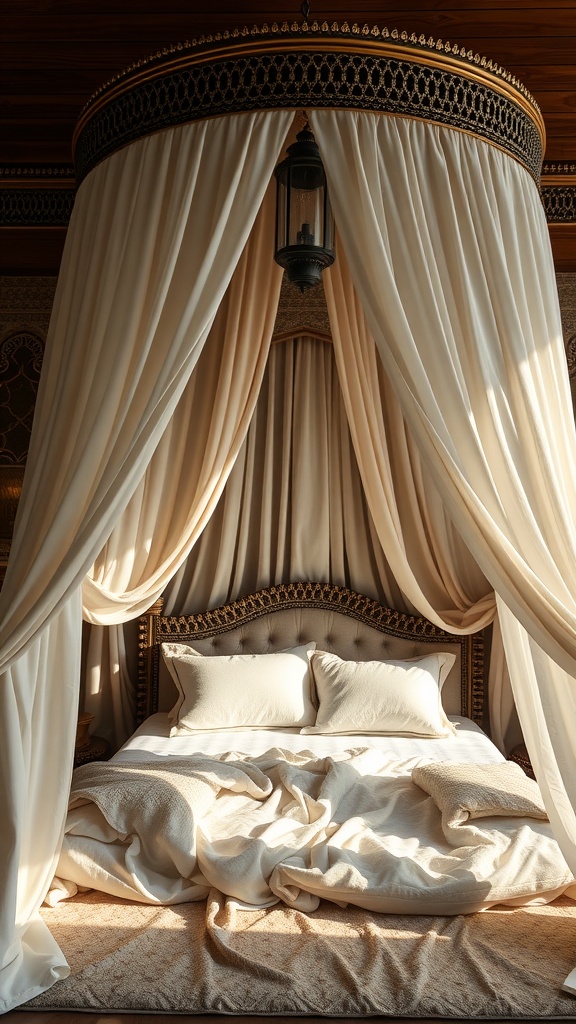 A beautifully draped Moroccan-style bed canopy with soft pillows