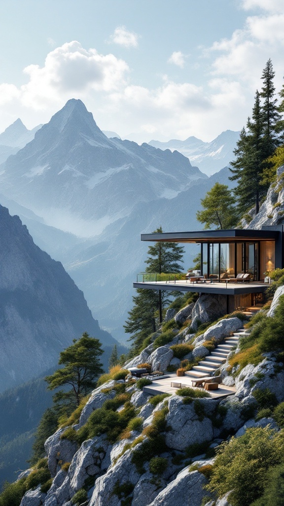 A modern cottage house on a rocky hillside with mountain views.