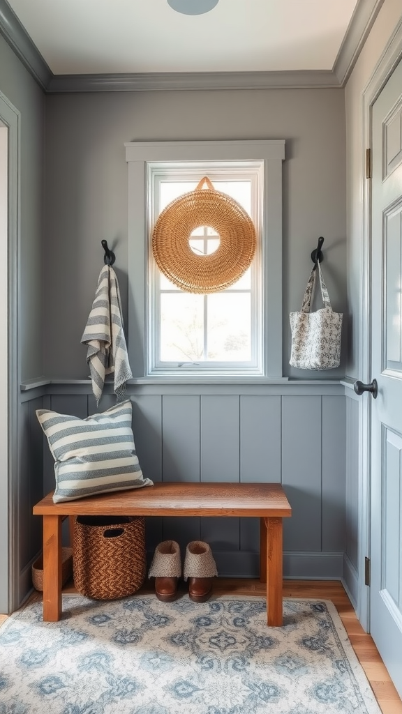 Cozy mudroom entryway with a bench, storage baskets, and hooks for coats.