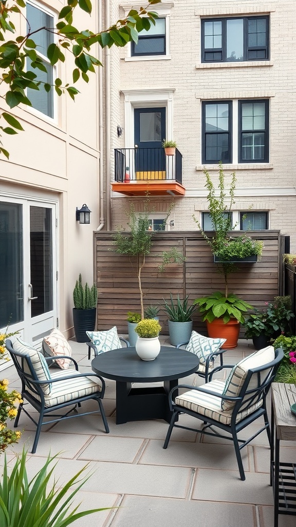 Cozy patio area with multi-functional furniture featuring a round table and comfortable chairs.