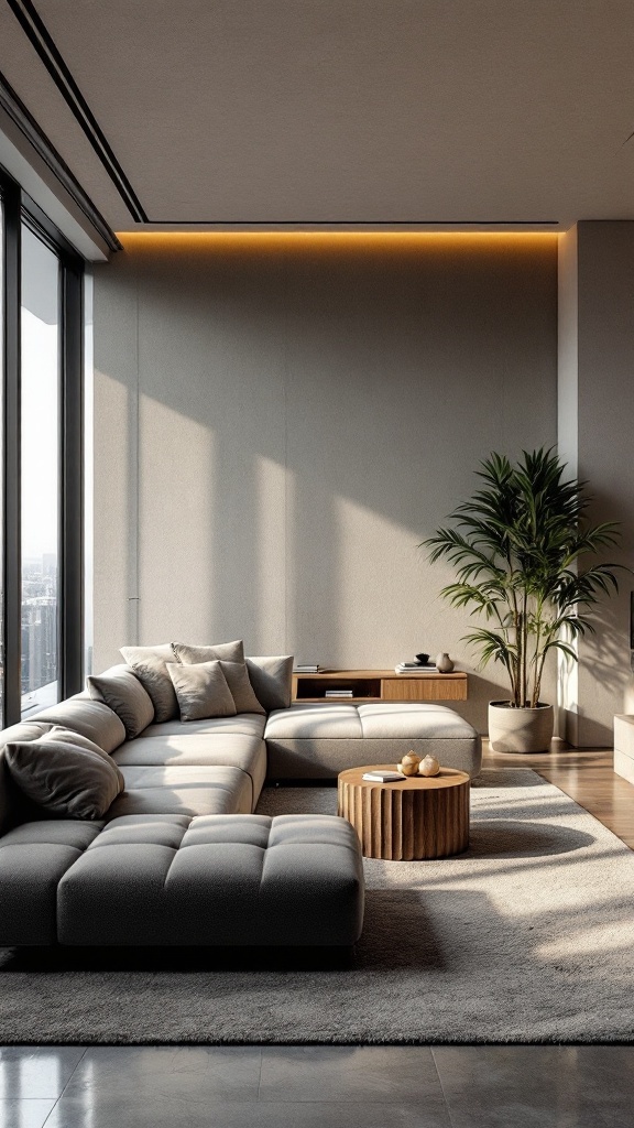 Cozy penthouse living room with a sectional sofa, coffee table, and plants