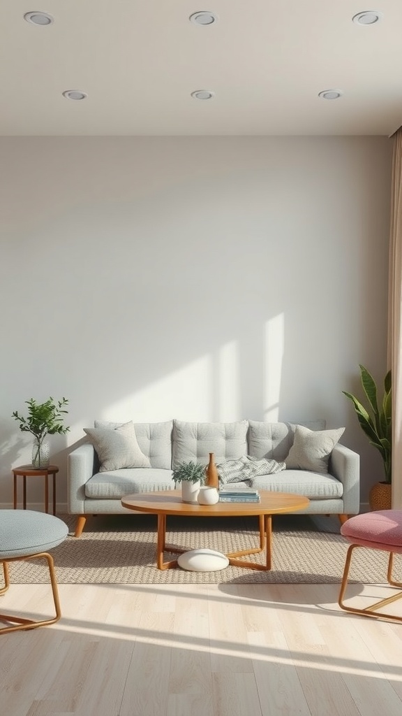 A serene living room featuring muted colors and natural light.