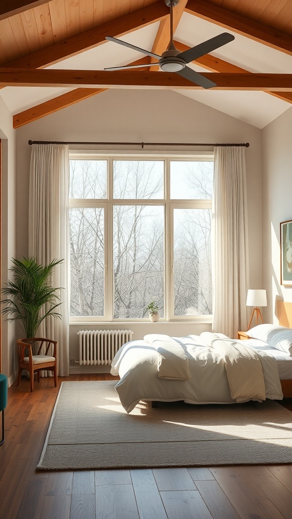 A mid-century bedroom with large windows allowing natural light to fill the space.