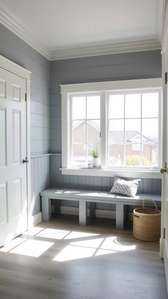 Bright and airy entryway with natural light coming through large windows, featuring a bench and a decorative basket.