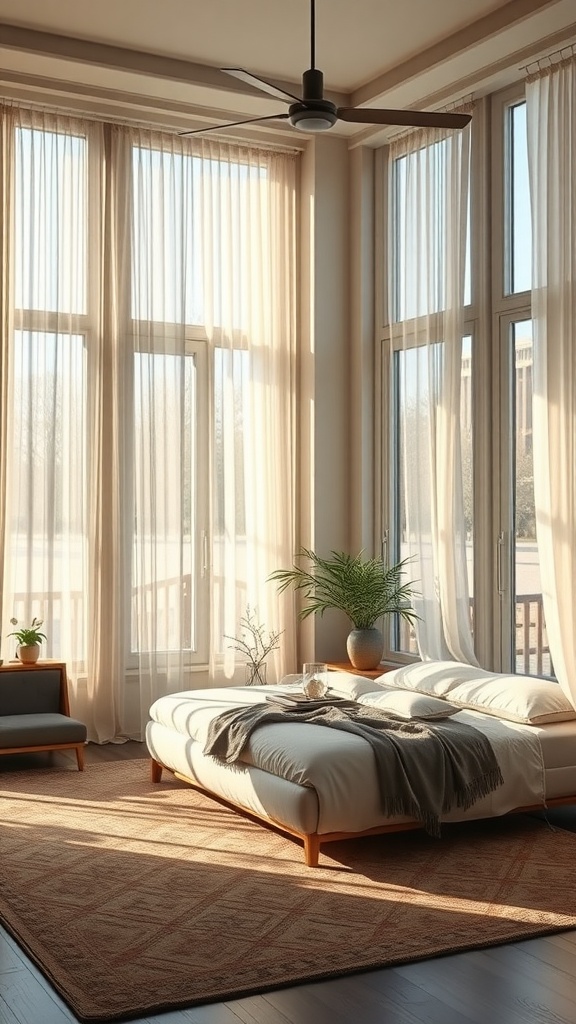 Cozy bedroom with large windows allowing natural light, featuring a bed, plants, and warm decor.