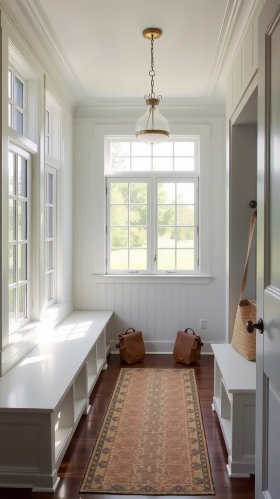 A bright hallway with large windows, a rug, and bags on the floor.