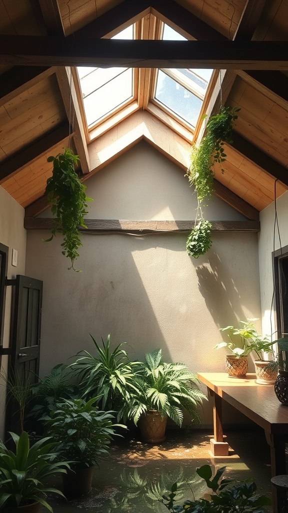 A rustic wet room with skylights and hanging plants.