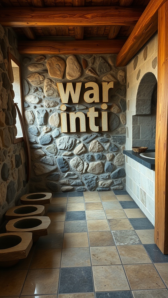 A rustic wet room featuring stone walls and wooden beams.