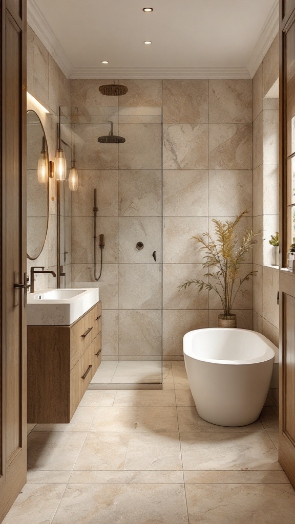 A modern farmhouse bathroom featuring natural stone tiles, a freestanding tub, and wooden cabinetry.