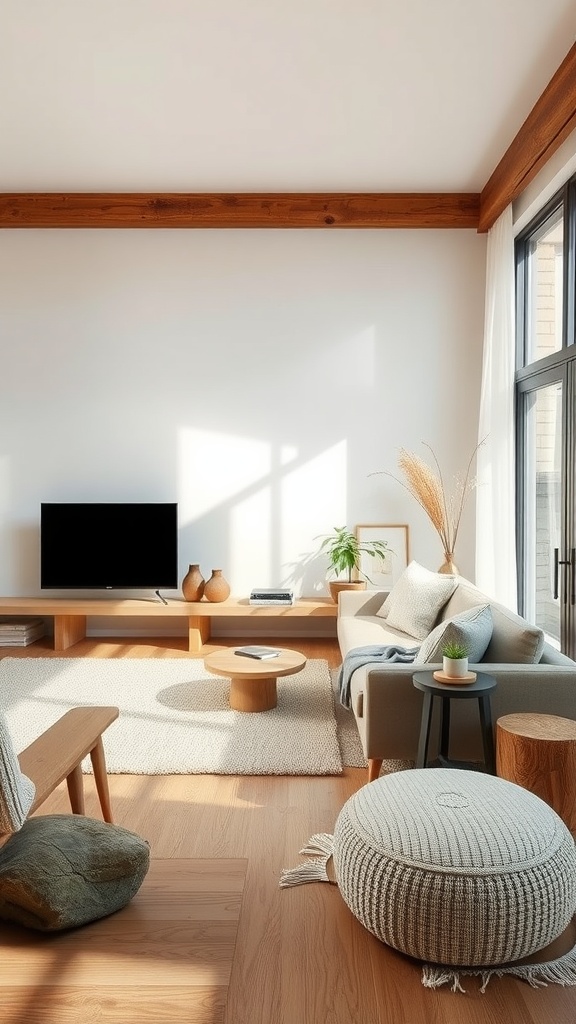 A cozy living room featuring natural textures with wooden beams, soft furnishings, and earthy decor.