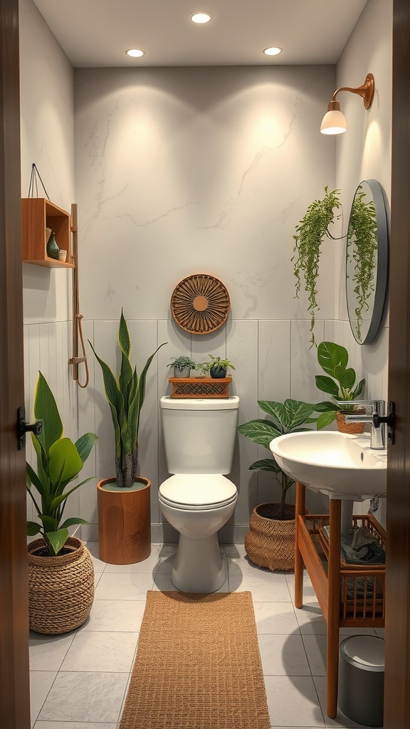 A small bathroom featuring plants, wooden accents, and natural decor elements.