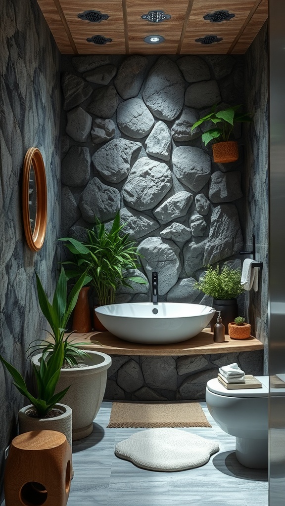 A nature-inspired bathroom with stone walls, plants, and a modern bathtub.