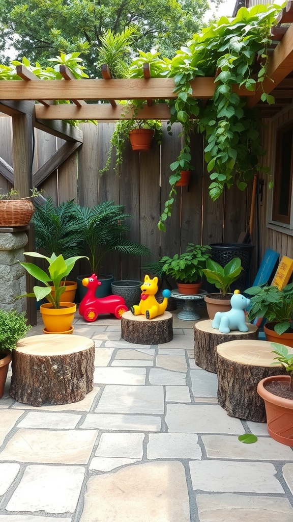 A cozy patio area featuring tree stump seating surrounded by plants and colorful toys.