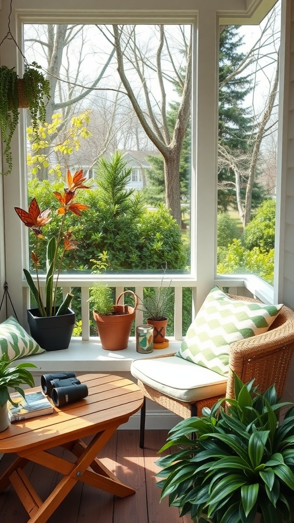 Cozy patio nook with binoculars and plants, perfect for kids to explore nature.